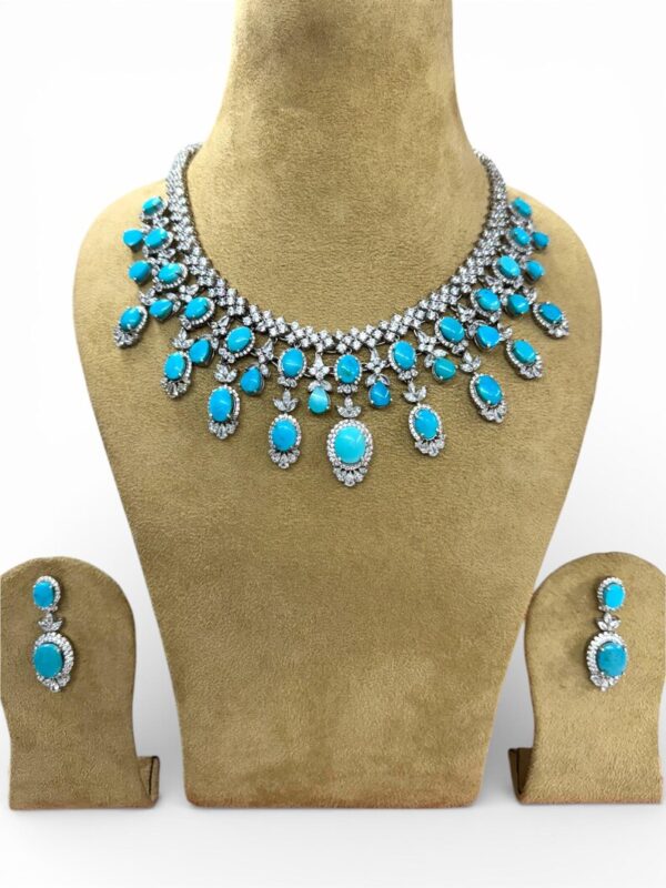Turquoise & CZ Statement Vintage Style Bridal Necklace Earrings Set