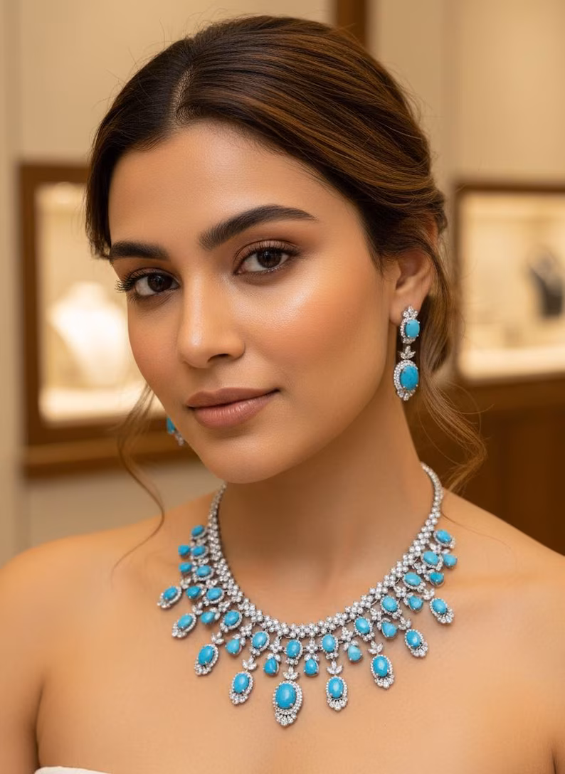 turquoisenecklace-model Turquoise & CZ Statement Vintage Style Bridal Necklace Earrings Set