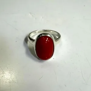 Red Coral Ring, 925 Sterling Silver Oval Coral Cabochon Ring