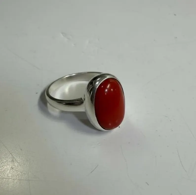 il_794xN.7627696303_i8nt Red Coral Ring, 925 Sterling Silver Oval Coral Cabochon Ring