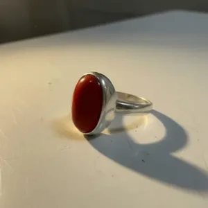 Red Coral Ring, 925 Sterling Silver Oval Coral Cabochon Ring