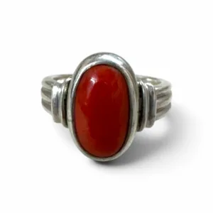 Natural Red Coral Oval Cabochon Ring in 925 Sterling Silver