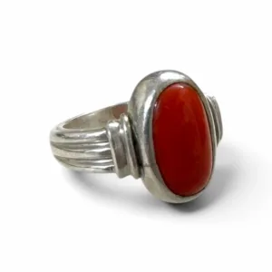 Natural Red Coral Oval Cabochon Ring in 925 Sterling Silver
