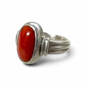 Natural Red Coral Oval Cabochon Ring in 925 Sterling Silver