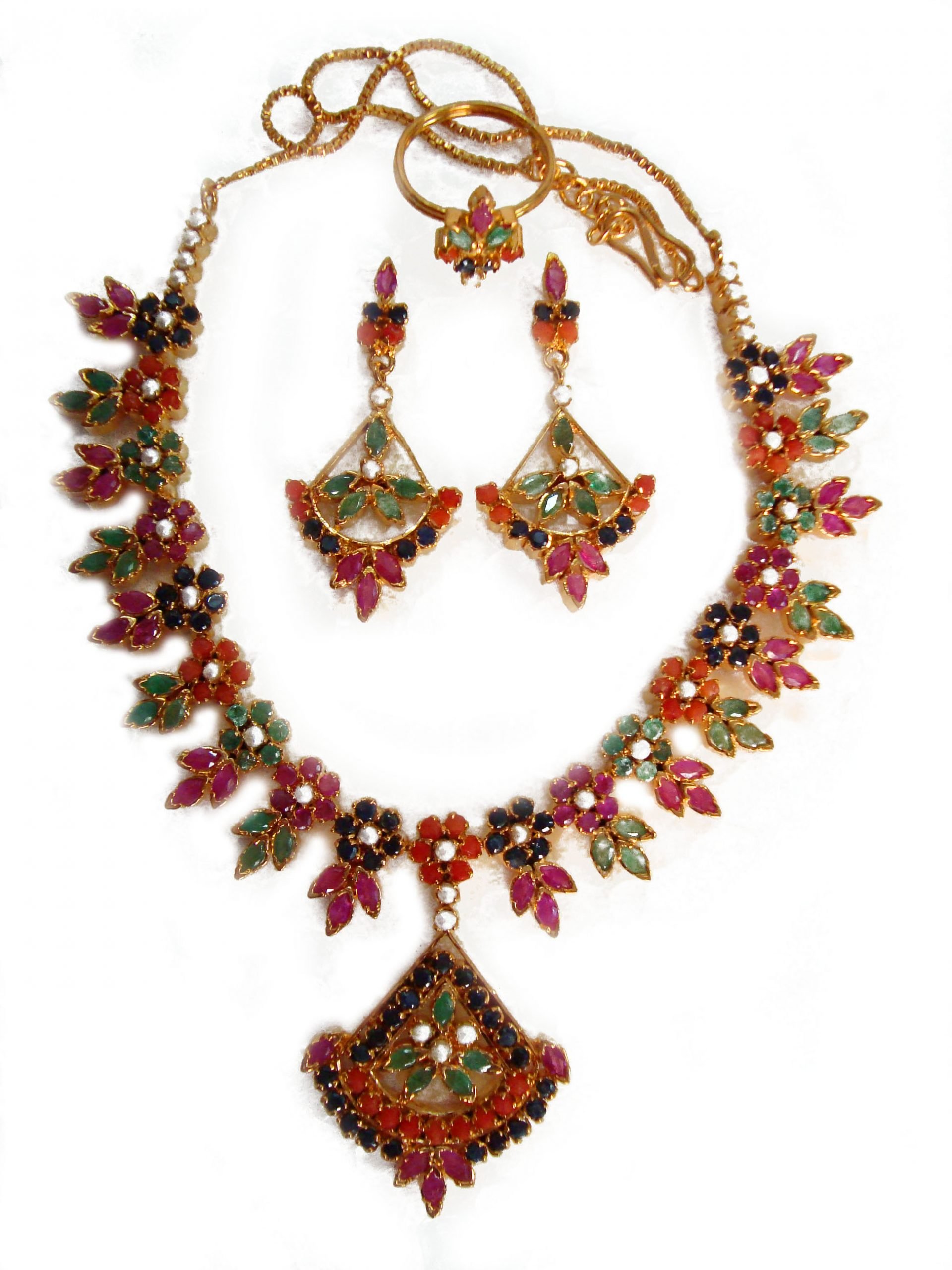 Fine Navratna Necklace With Ring and Earrings Made in Silver - Gleam Jewels